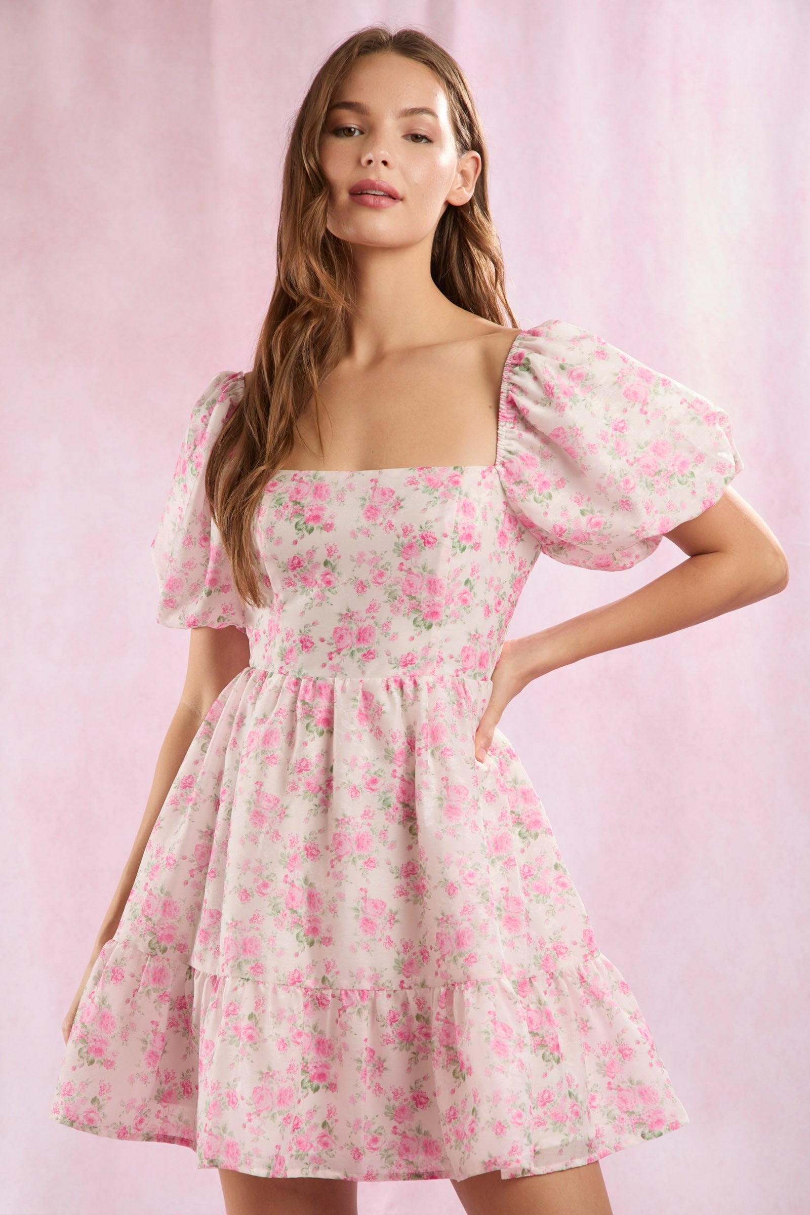 Square Neck Puff Sleeve Floral Mini Babydoll Dress - Peach Love - RARA Boutique 