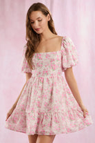 Square Neck Puff Sleeve Floral Mini Babydoll Dress - Peach Love - RARA Boutique 