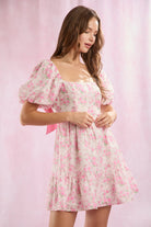 Square Neck Puff Sleeve Floral Mini Babydoll Dress - Peach Love - RARA Boutique 