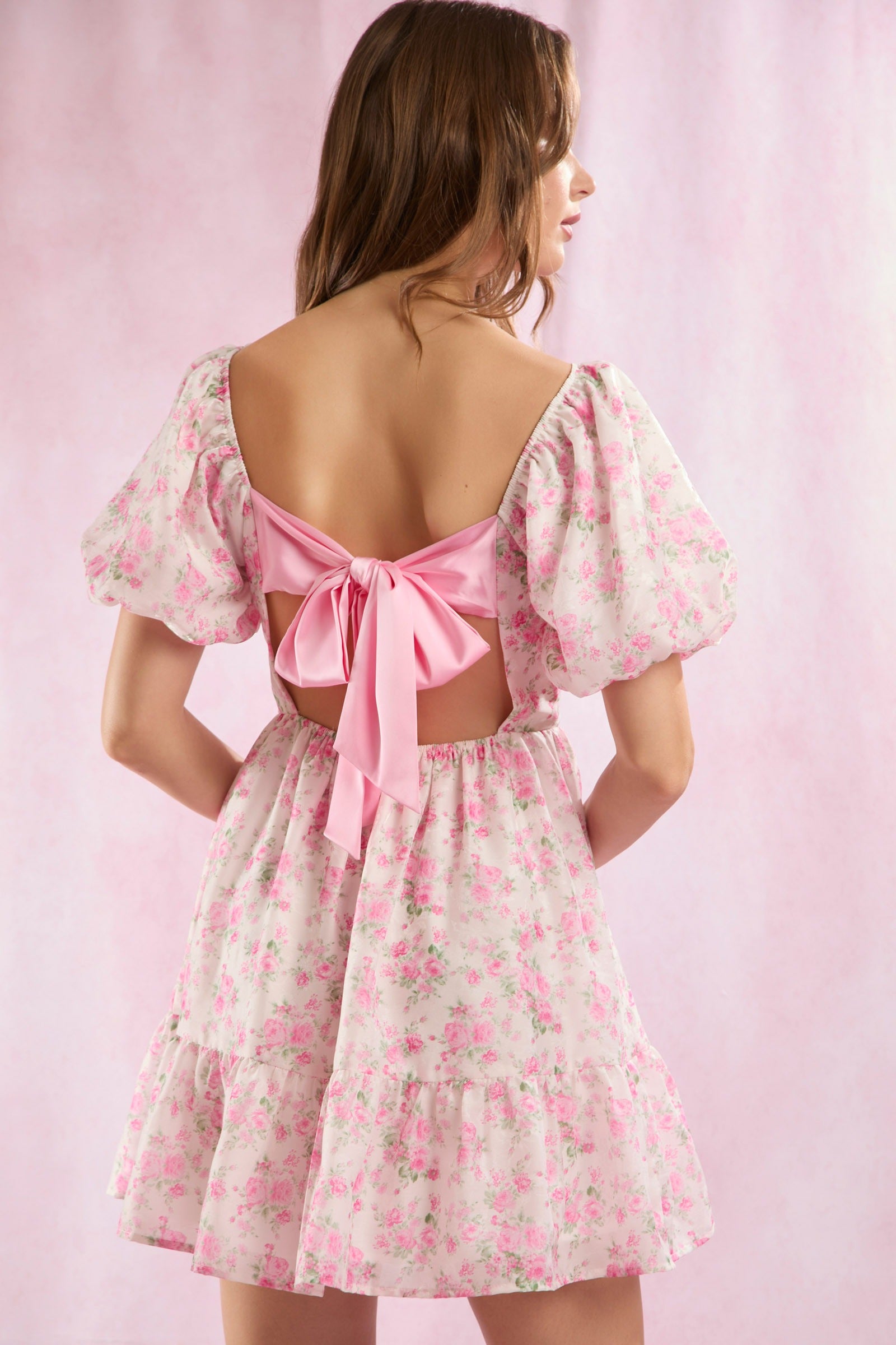 Square Neck Puff Sleeve Floral Mini Babydoll Dress - Peach Love - RARA Boutique 