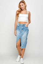 Long Denim Skirt with Distressed - Rara Boutique 