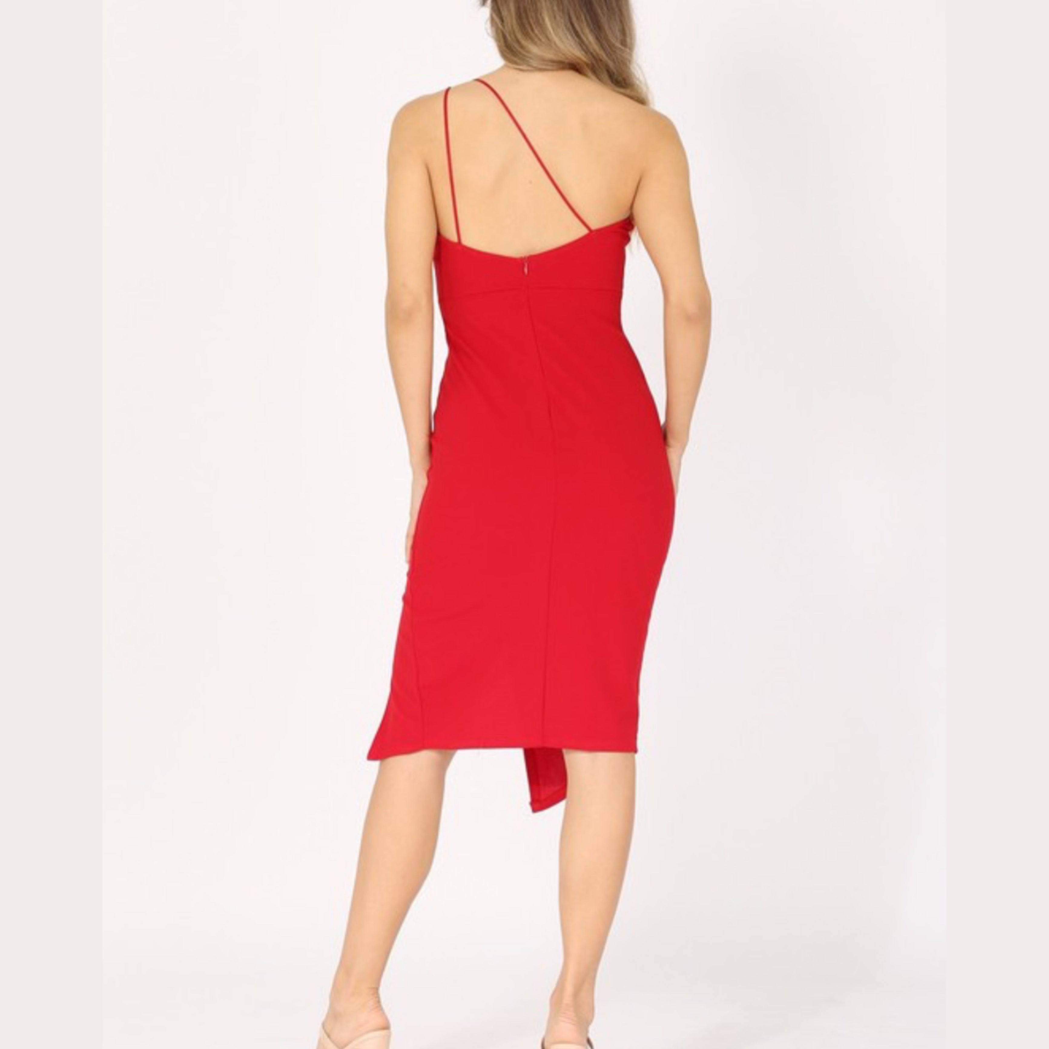 Red Asymmetrical One Shoulder Leg Slit Cocktail Dress - Rara Boutique 