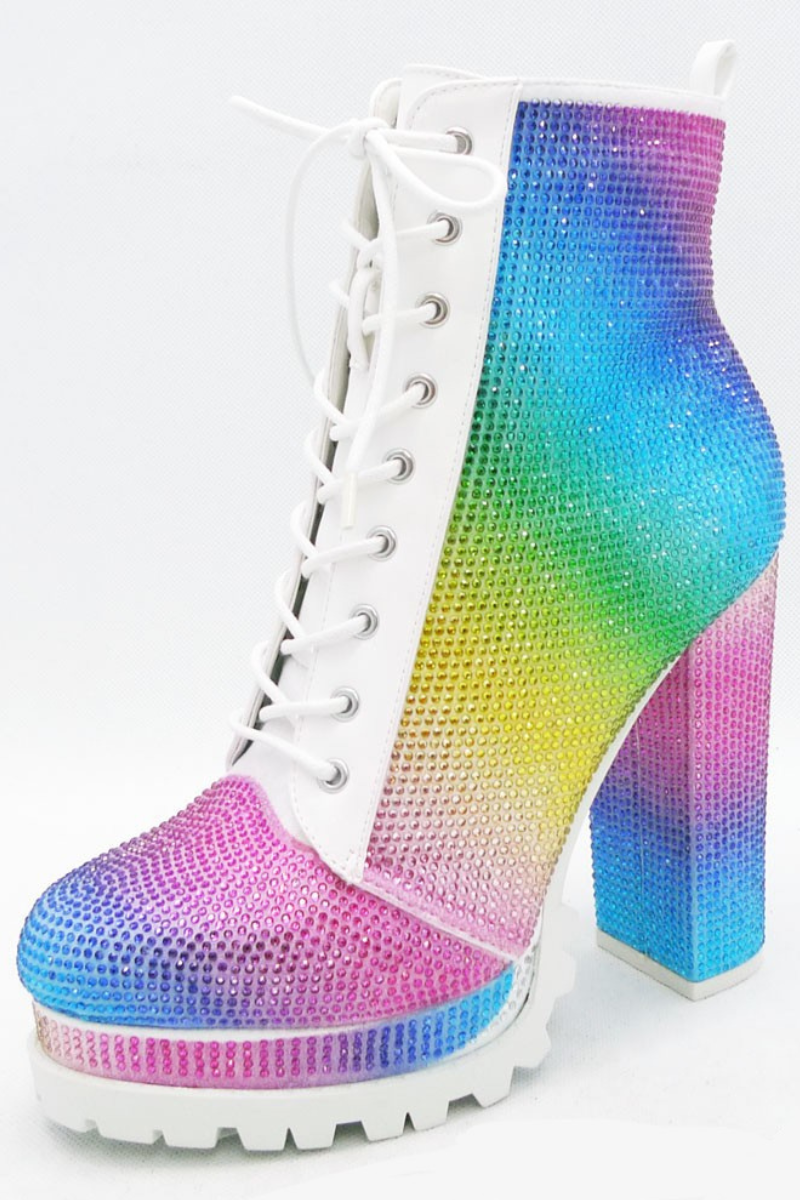 White Rainbow Rhinestone Chunky Heel Combat Boots - RARA Boutique 