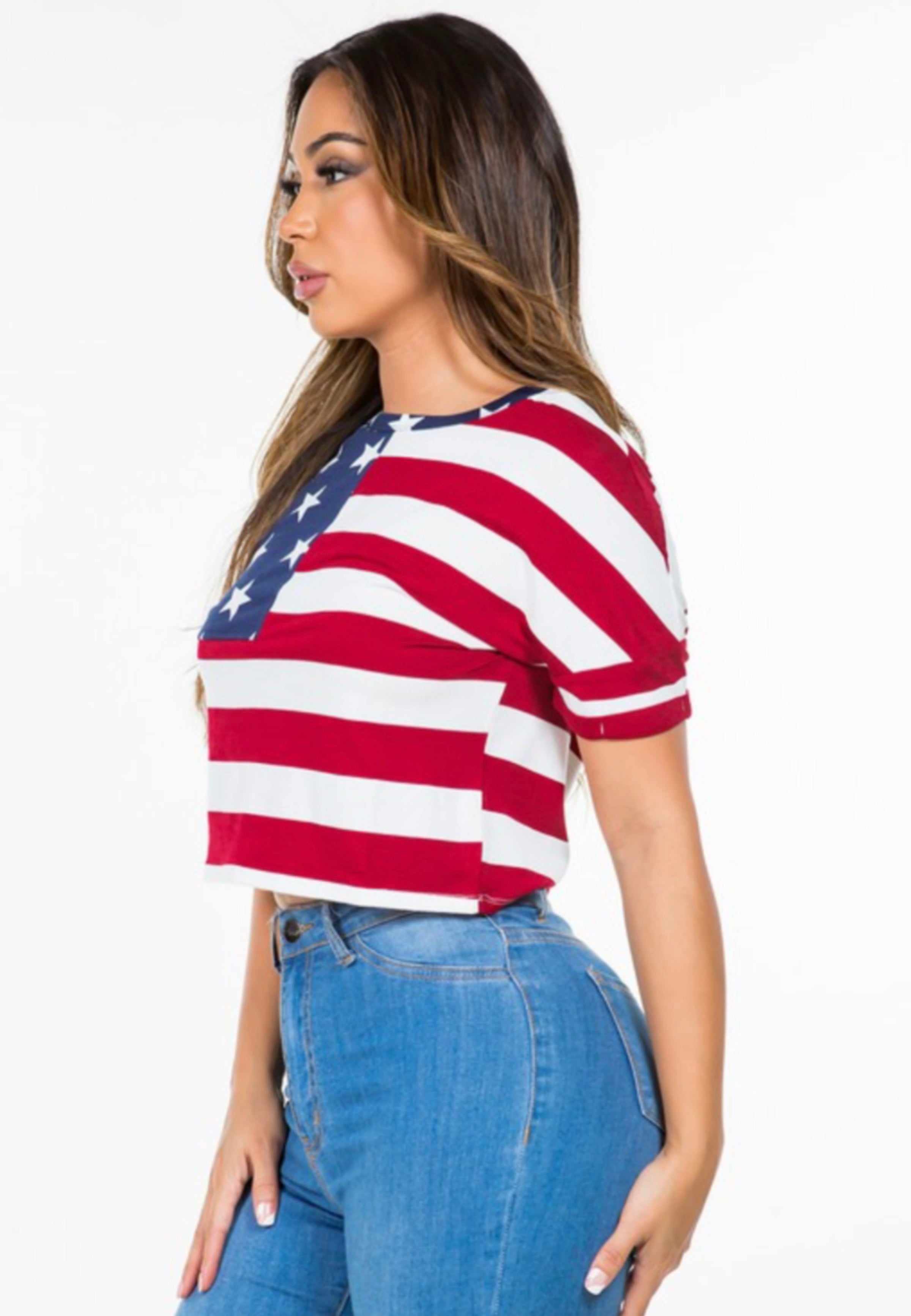 USA Print Short Sleeve Patriotic Crop Top - Rara Boutique 