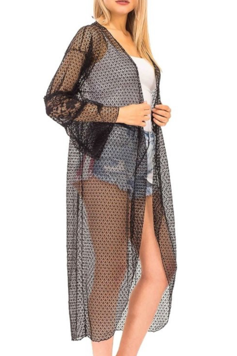Black Long Sleeve Lace Crochet Sheer Kimono / Coverup / Cardigan - Rara Boutique 