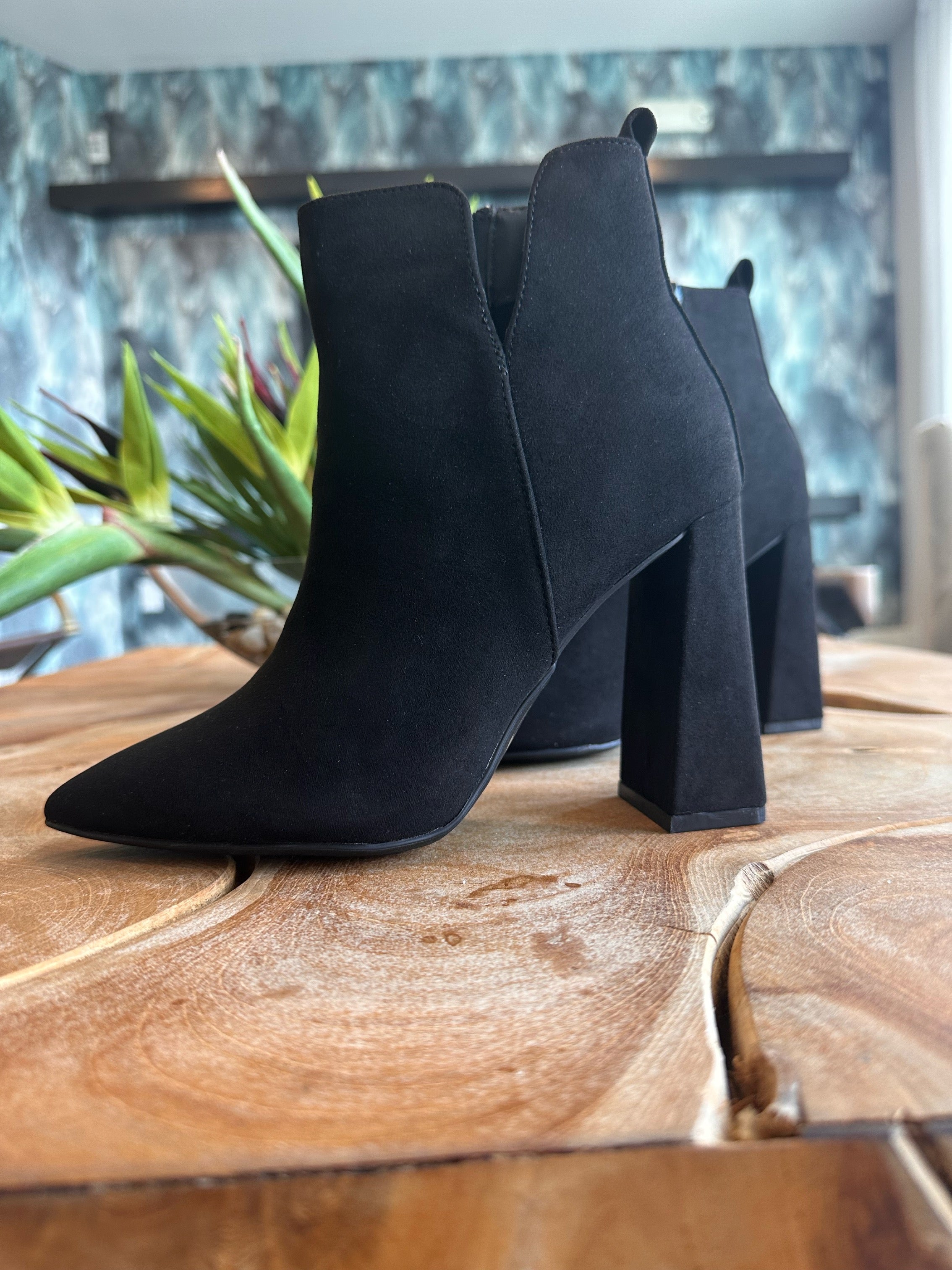 Qupid Suede Pyramid Heel Ankle Booties - RARA Boutique 