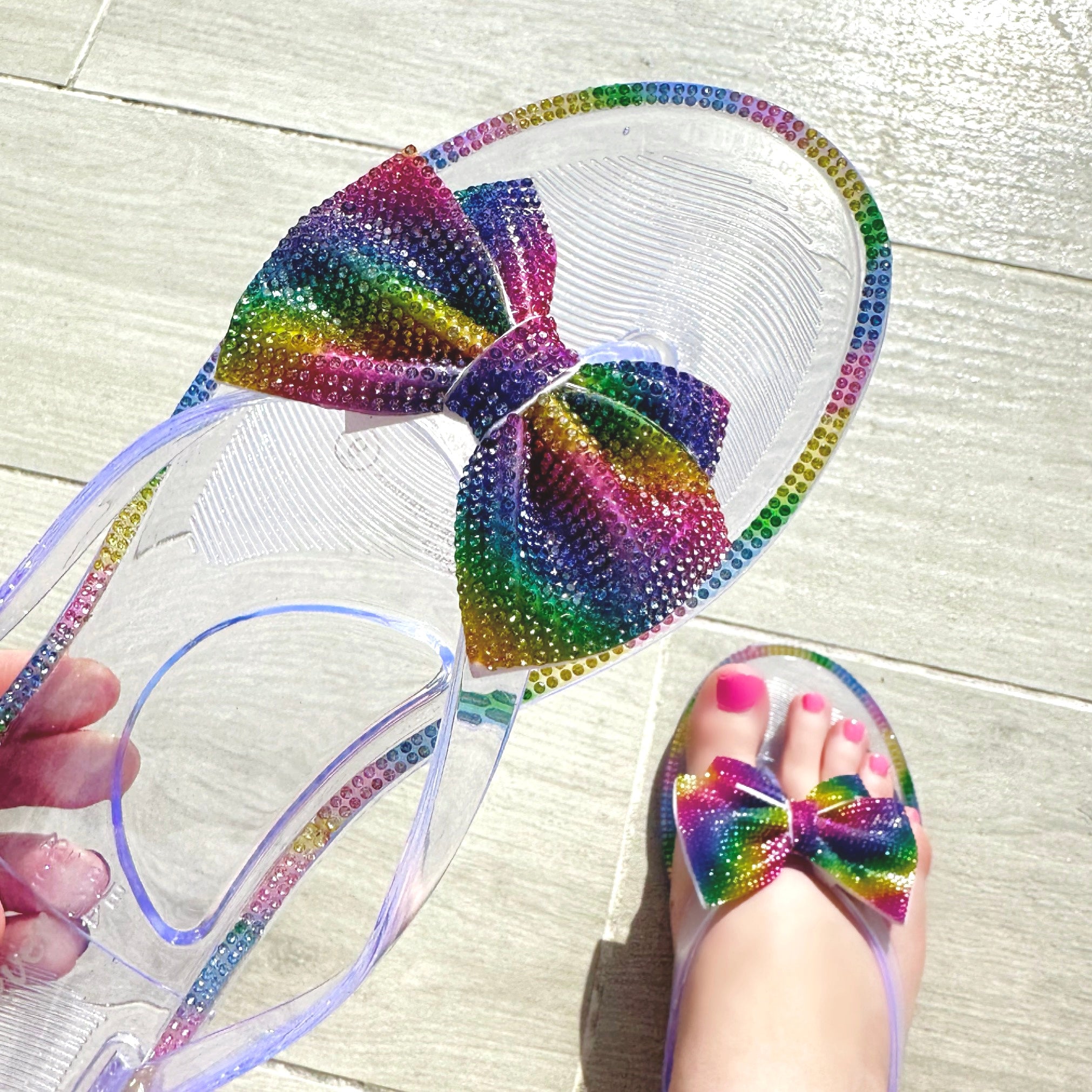 Rhinestone Bow Jelly Flip Flops - Rara Boutique 