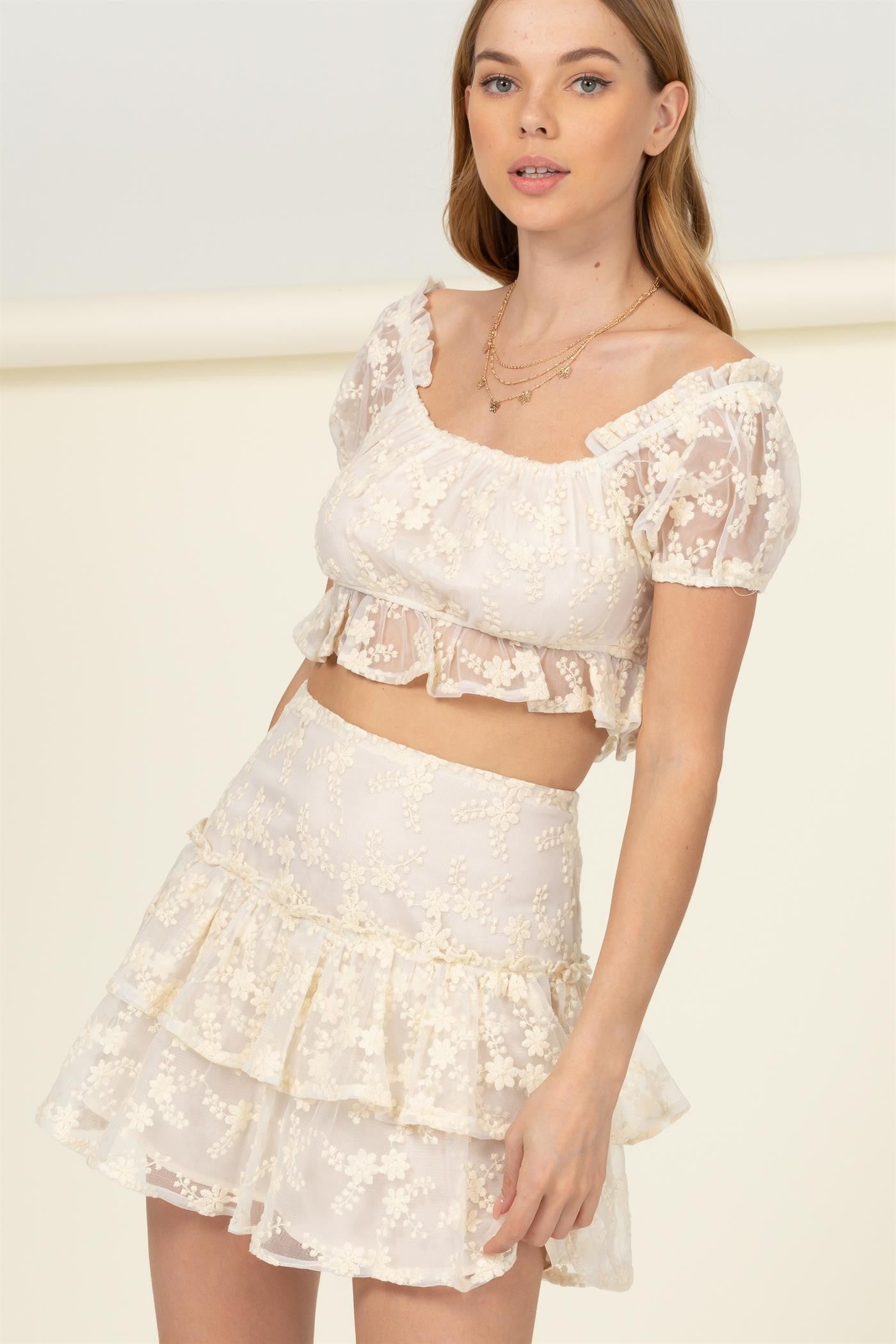 Floral Lace 2-Piece Skirt and Crop Top Set - RARA Boutique 