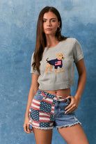 Gray cropped sweater top by RARA Boutique featuring a bold American flag dog graphic on the front.