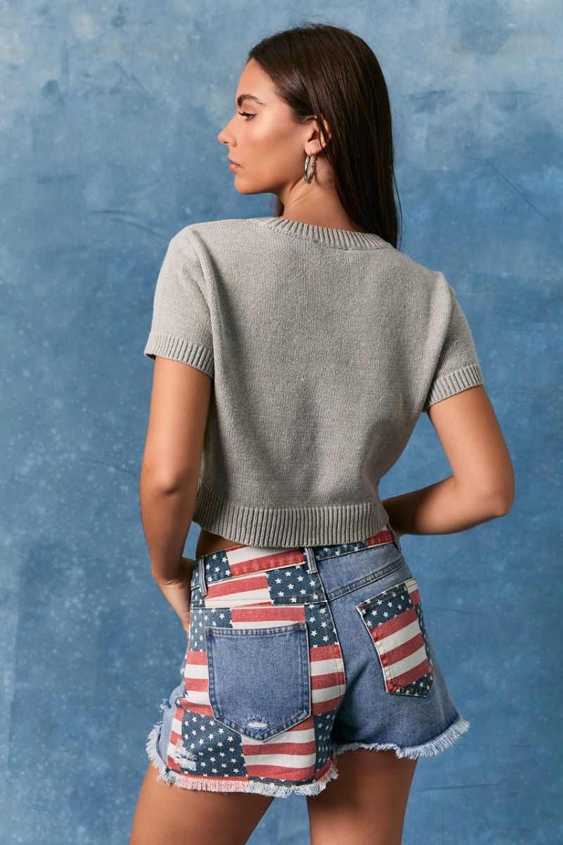 Grey cropped sweater top by RARA Boutique featuring American flag dog graphic and short sleeves.