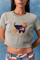 RARA Boutique American flag dog graphic cropped sweater top in grey, short-sleeve, stylish and casual for dog lovers.