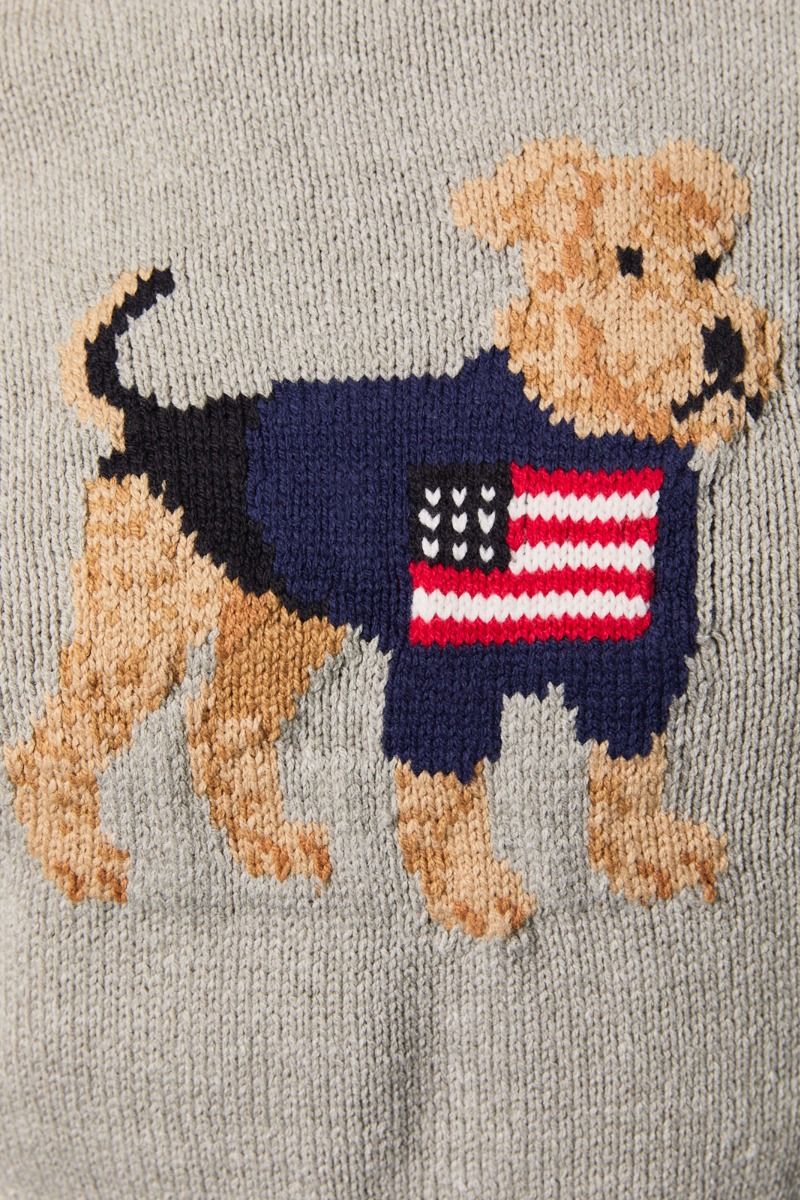 Grey cropped sweater top with American flag dog graphic, short-sleeve design by RARA Boutique.