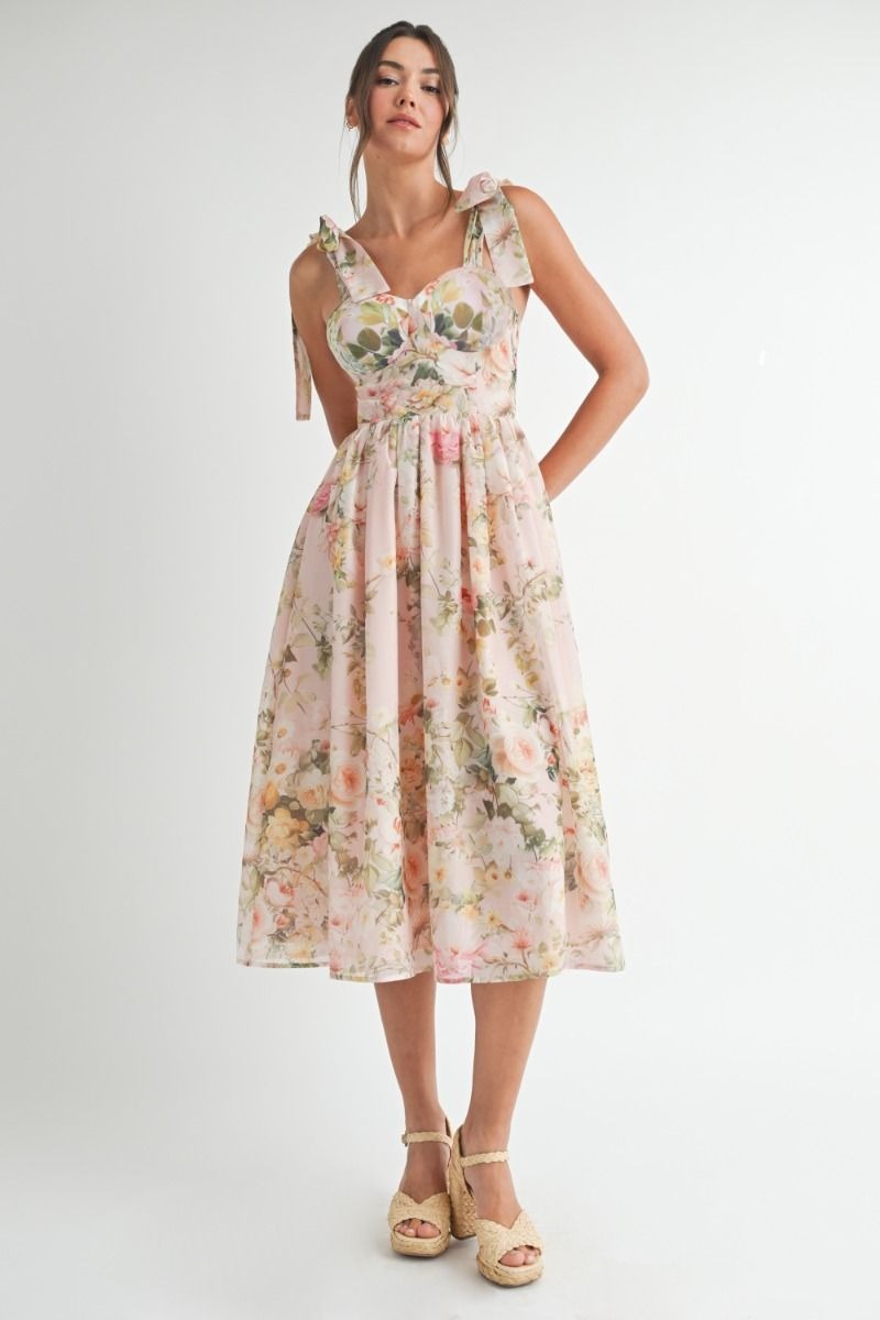 Tie Shoulder Floral Print Sweetheart Midi Dress - EB Luxe Tie Shoulder Floral Print Sweetheart Midi Dress - EB Luxe