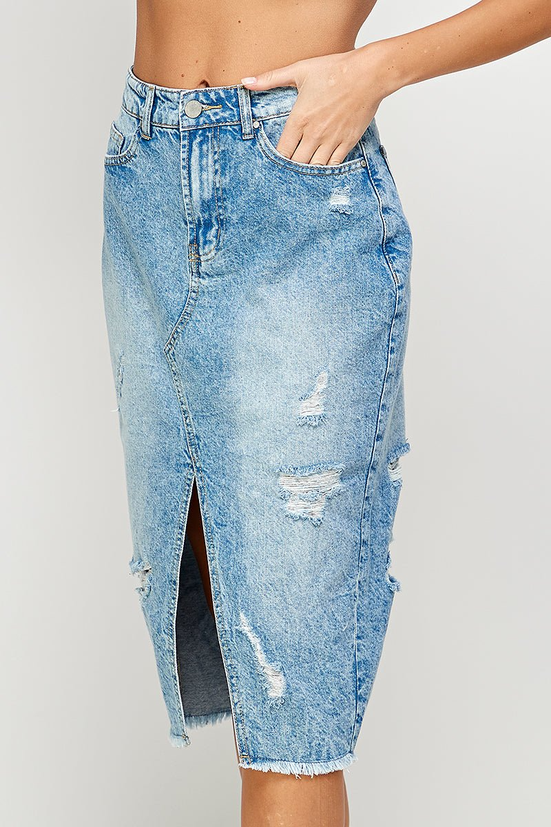 Long Denim Skirt with Distressed - RARA Boutique 