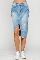 Long Denim Skirt with Distressed - RARA Boutique 