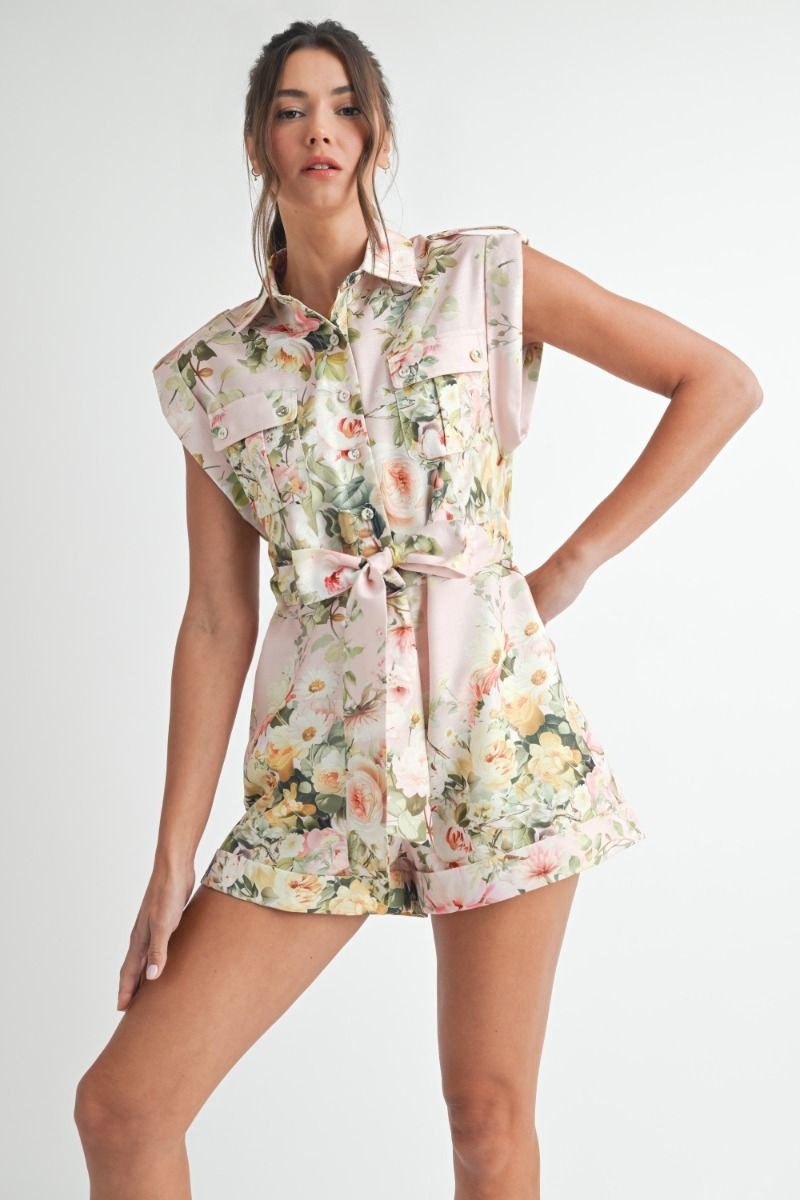 Button Up Floral Print Romper with Tie Waist - EB Luxe