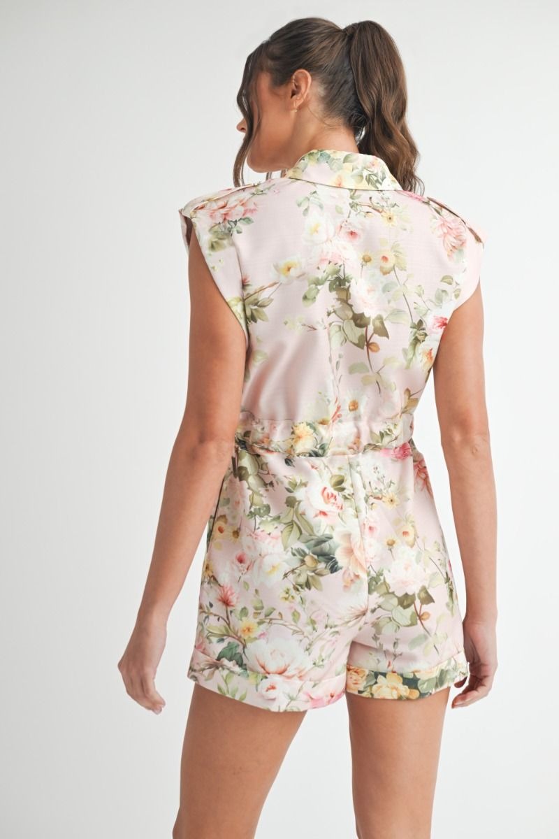 Button Up Floral Print Romper with Tie Waist - EB Luxe