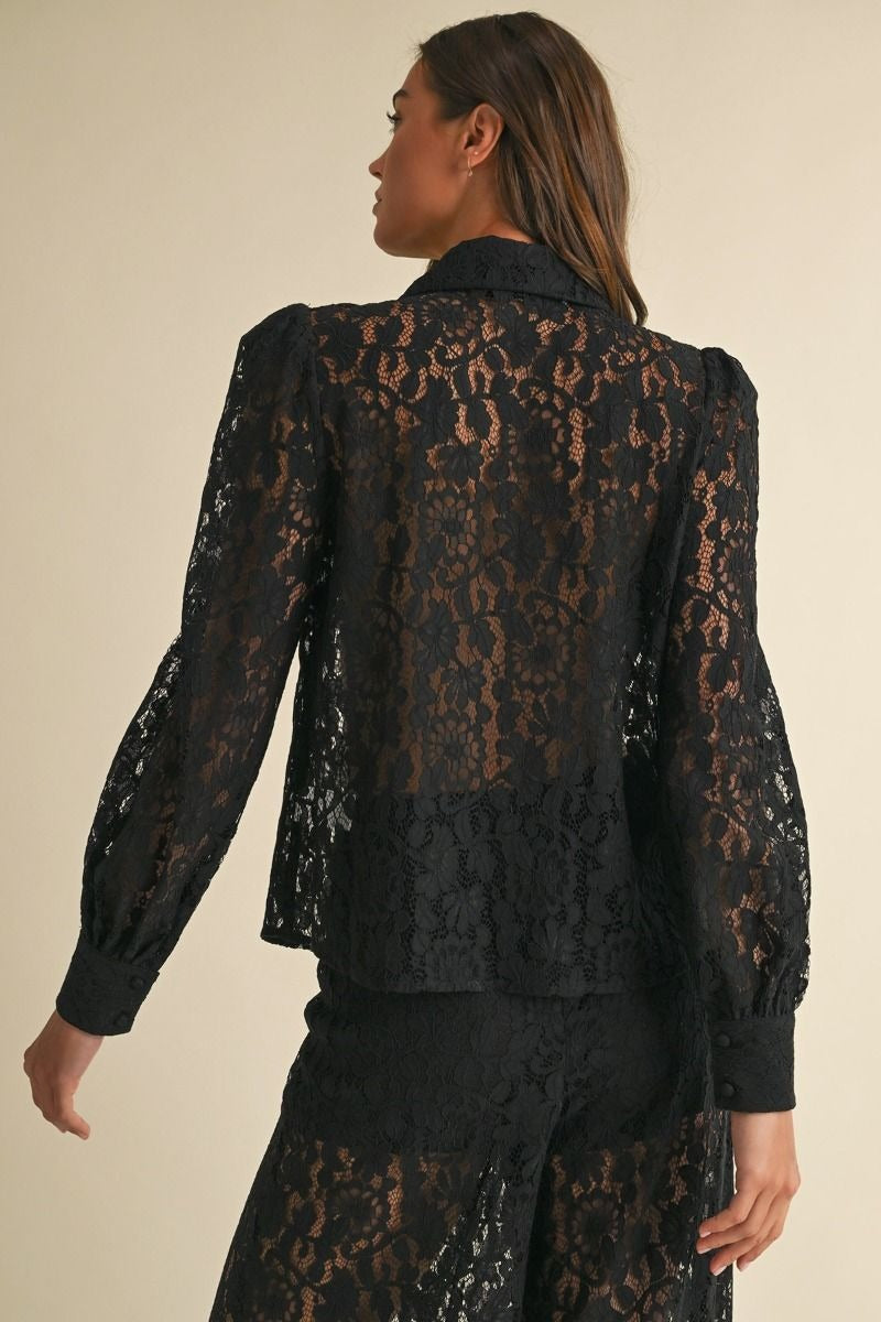 Long Sleeve Button Down Lace Top with Neck Bow Tie - EB Luxe - RARA Boutique 