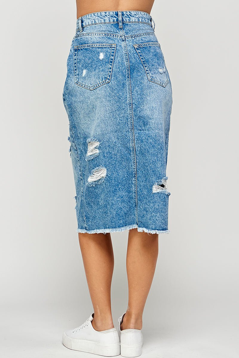 Long Denim Skirt with Distressed - RARA Boutique 