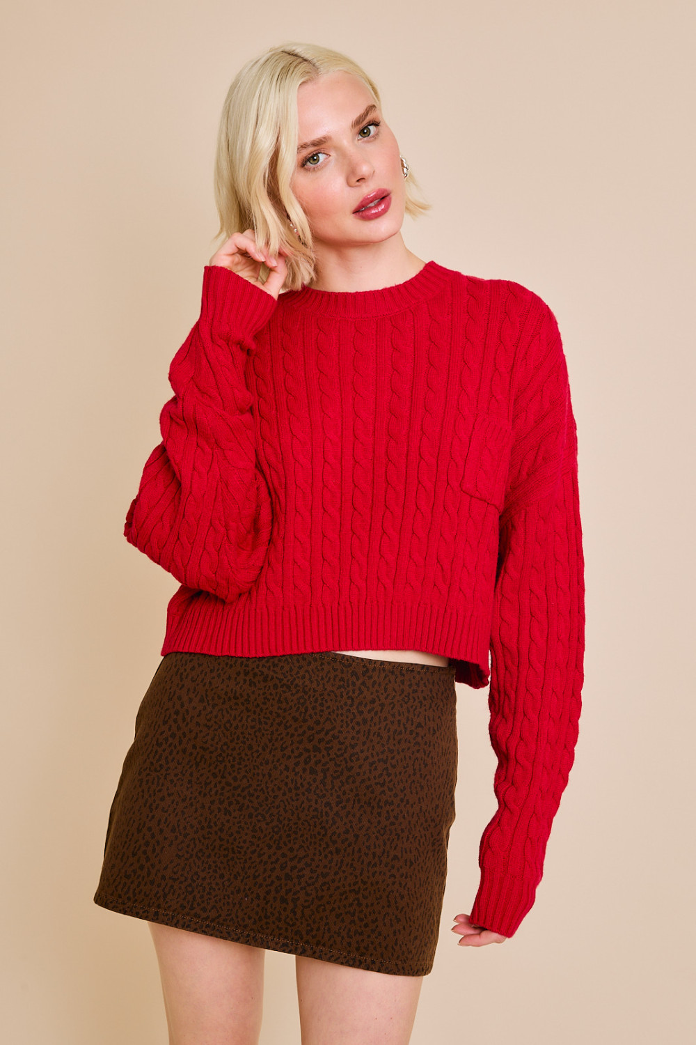 Dolman  Sleeve Cable Knit Cropped Sweater with Pocket - Le Lis - RARA Boutique 