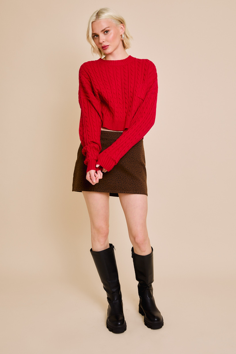 Dolman  Sleeve Cable Knit Cropped Sweater with Pocket - Le Lis - RARA Boutique 