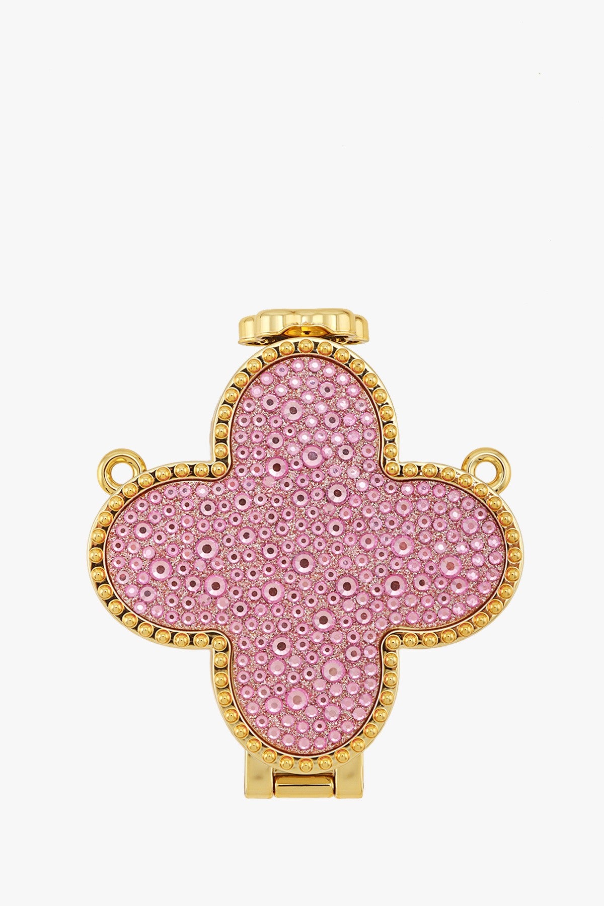 Pink rhinestone clover mirrored micro clutch bag from RARA Boutique, stylish bag with sparkling embellishments and a compact design.
