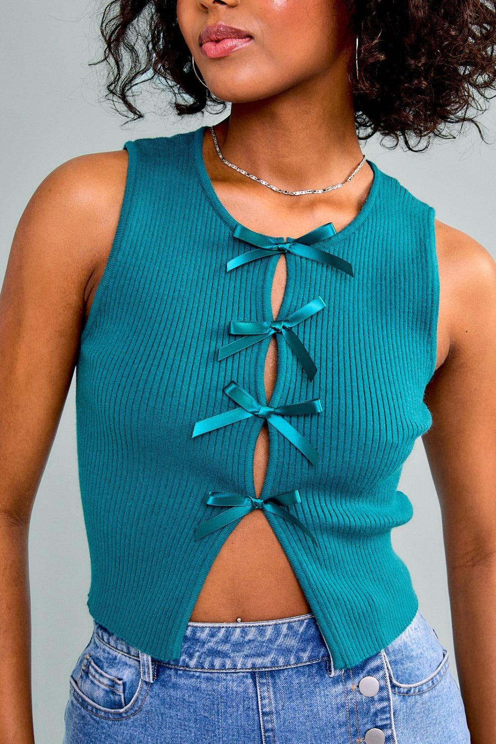 Satin Bow Cutout Knit Tank Top - RARA Boutique 