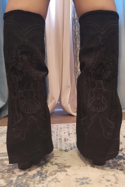 Embroidered Suede Fold Over Pointed Toe Heeled Cowboy Boots - RARA Boutique 